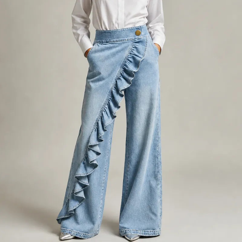 Women's Wide-Leg Culotte Jeans with Asymmetrical Ruffle