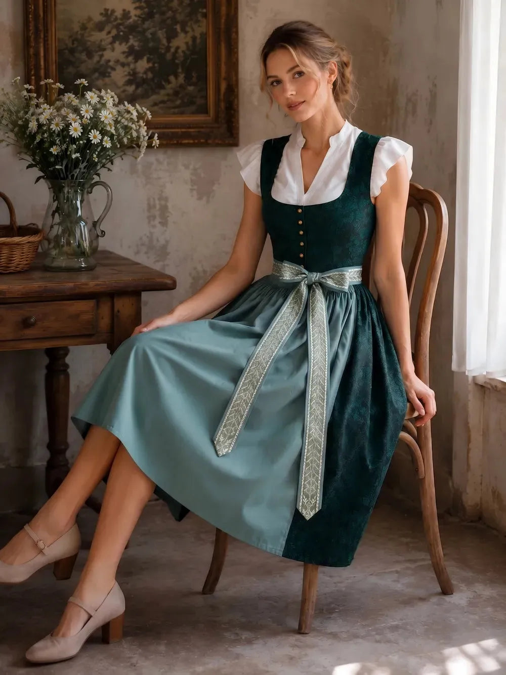Women's Woven Dress with Curved Hem and Lace-Up Detail