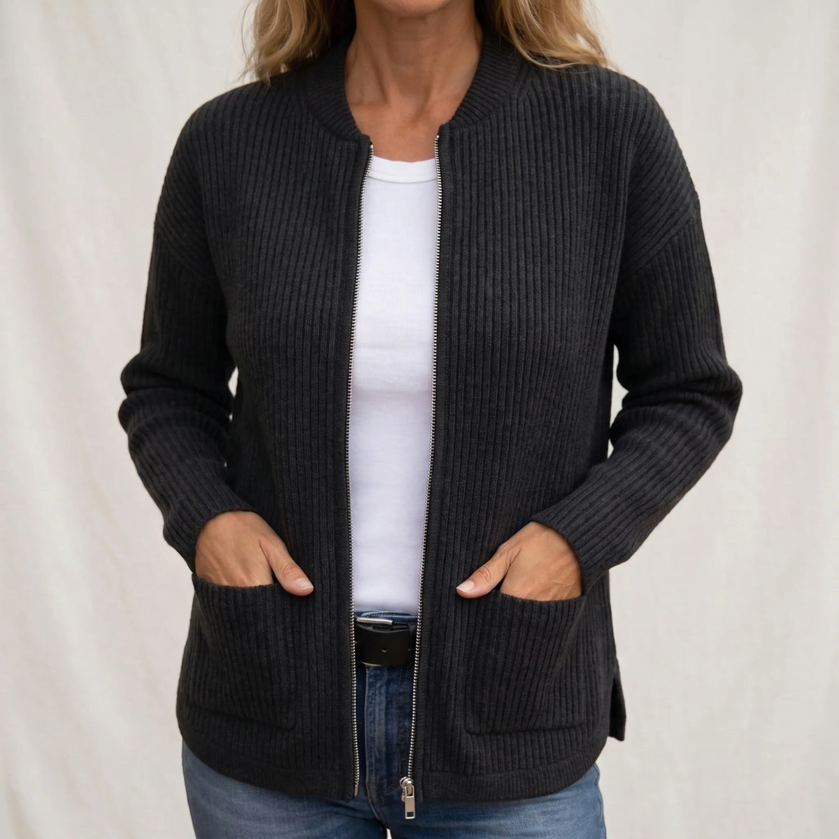 Women's Zip-Up Cardigan with Deep Front Pockets