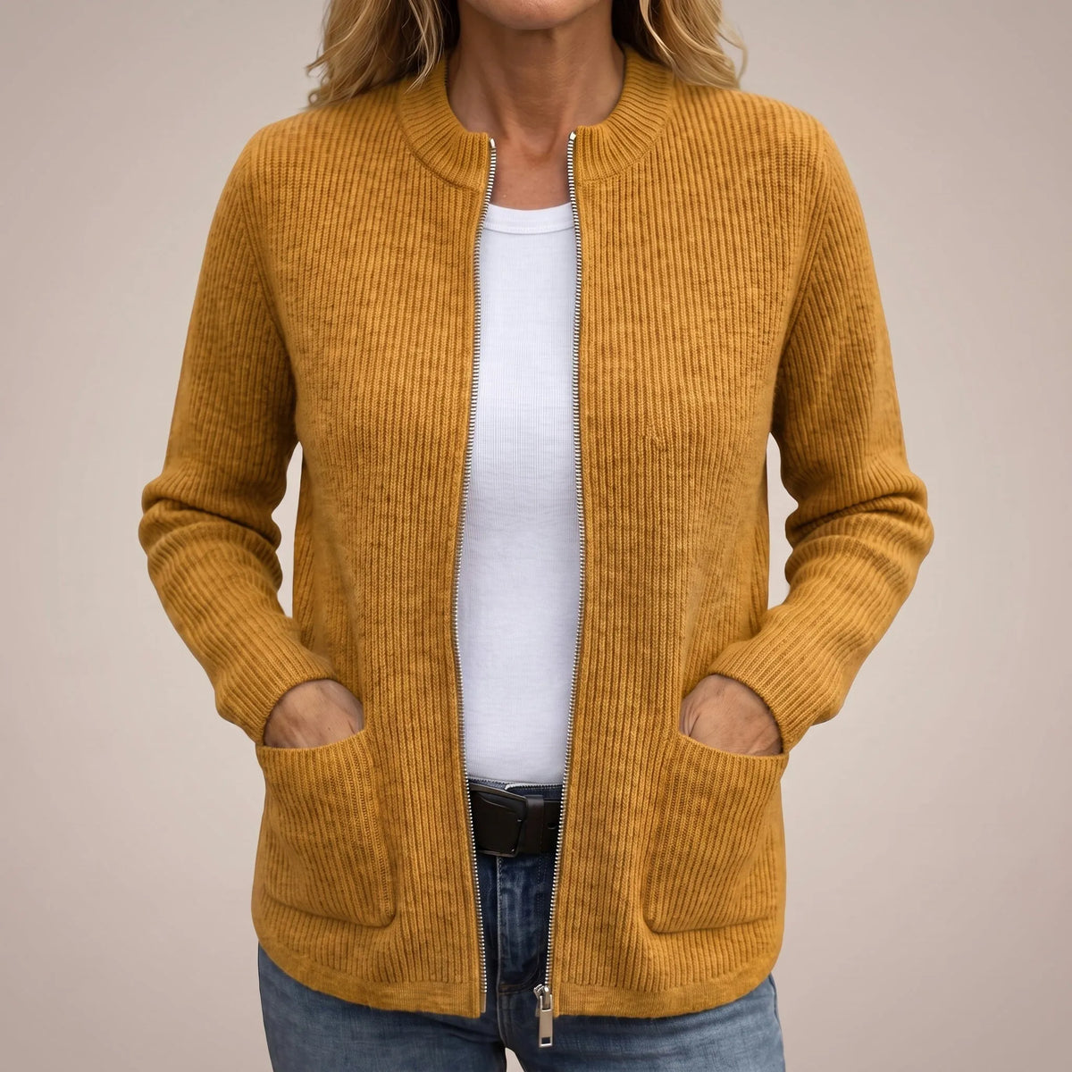 Women's Zip-Up Cardigan with Deep Front Pockets