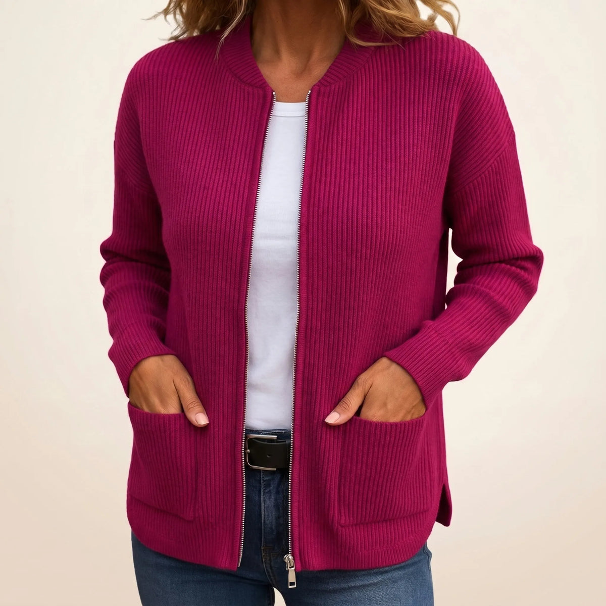Women's Zip-Up Cardigan with Deep Front Pockets
