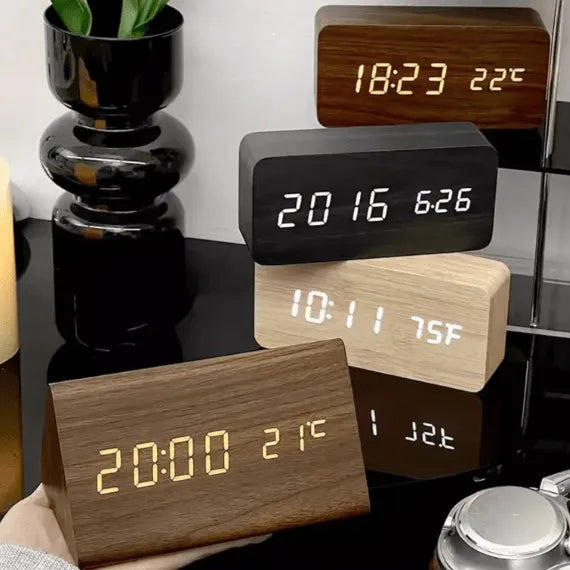 Wooden LED Alarm Clock with Voice Control