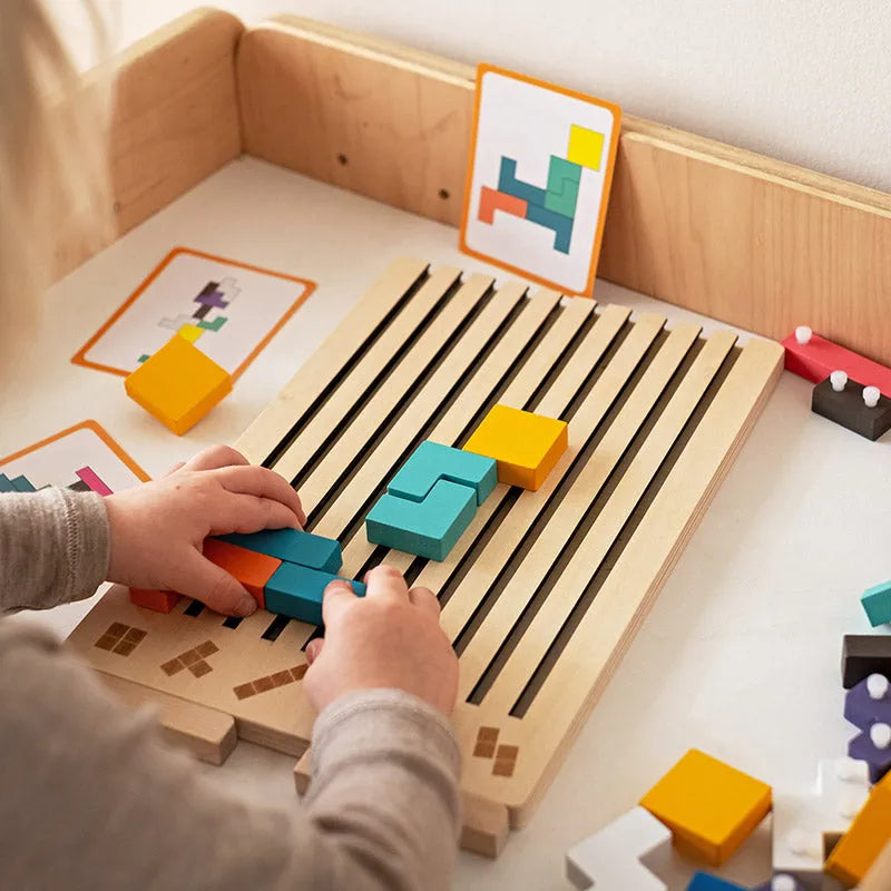 Wooden Montessori Tetris Stacking Puzzle with Challenge Cards