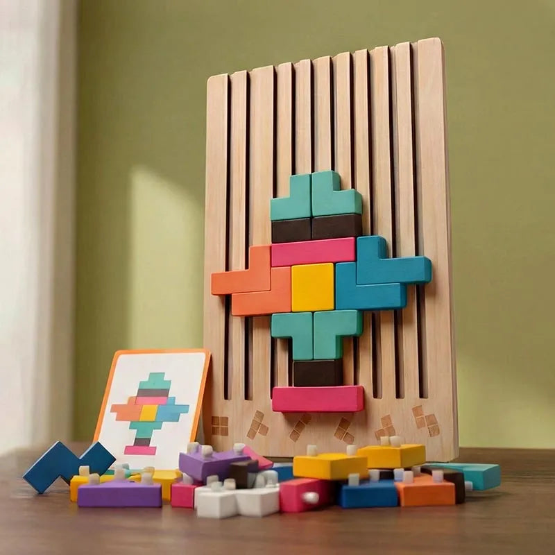 Wooden Montessori Tetris Stacking Puzzle with Challenge Cards