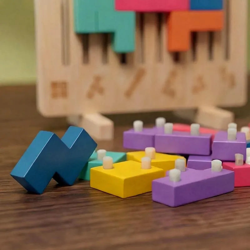 Wooden Montessori Tetris Stacking Puzzle with Challenge Cards