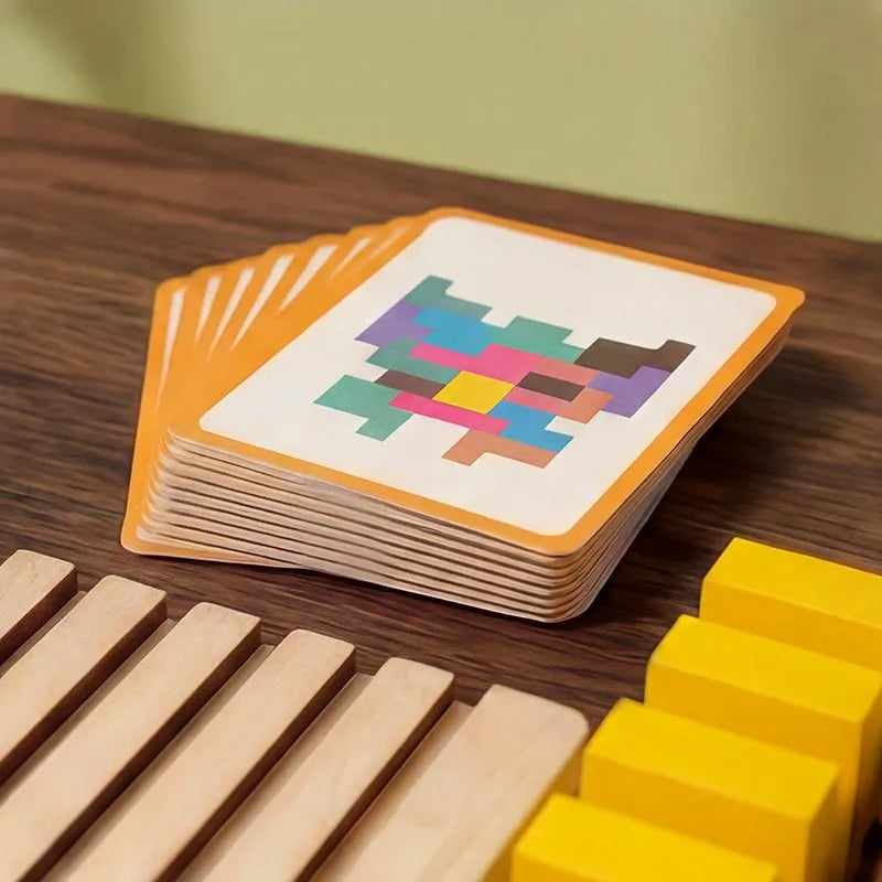 Wooden Montessori Tetris Stacking Puzzle with Challenge Cards