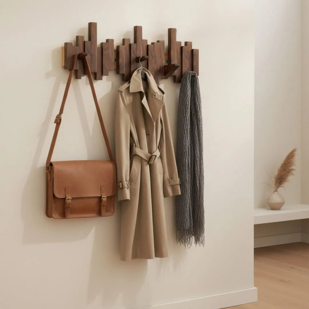 Wooden Piano Wall Coat Rack with Foldable Hooks