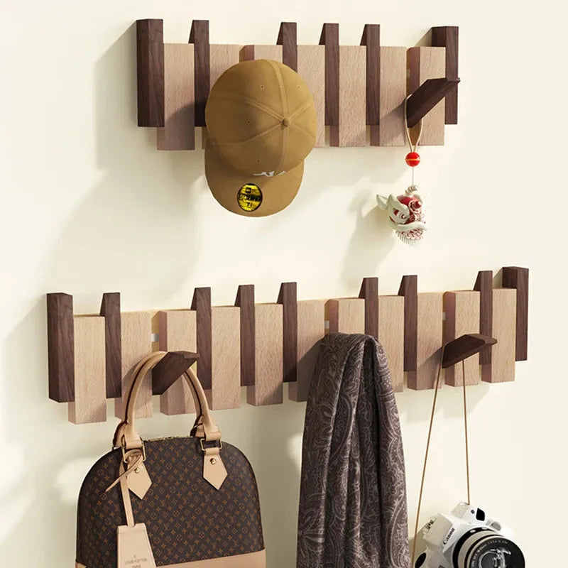 Wooden Wall Coat Rack with Foldable Hooks