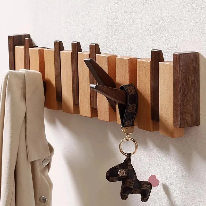 Wooden Wall Coat Rack with Foldable Hooks