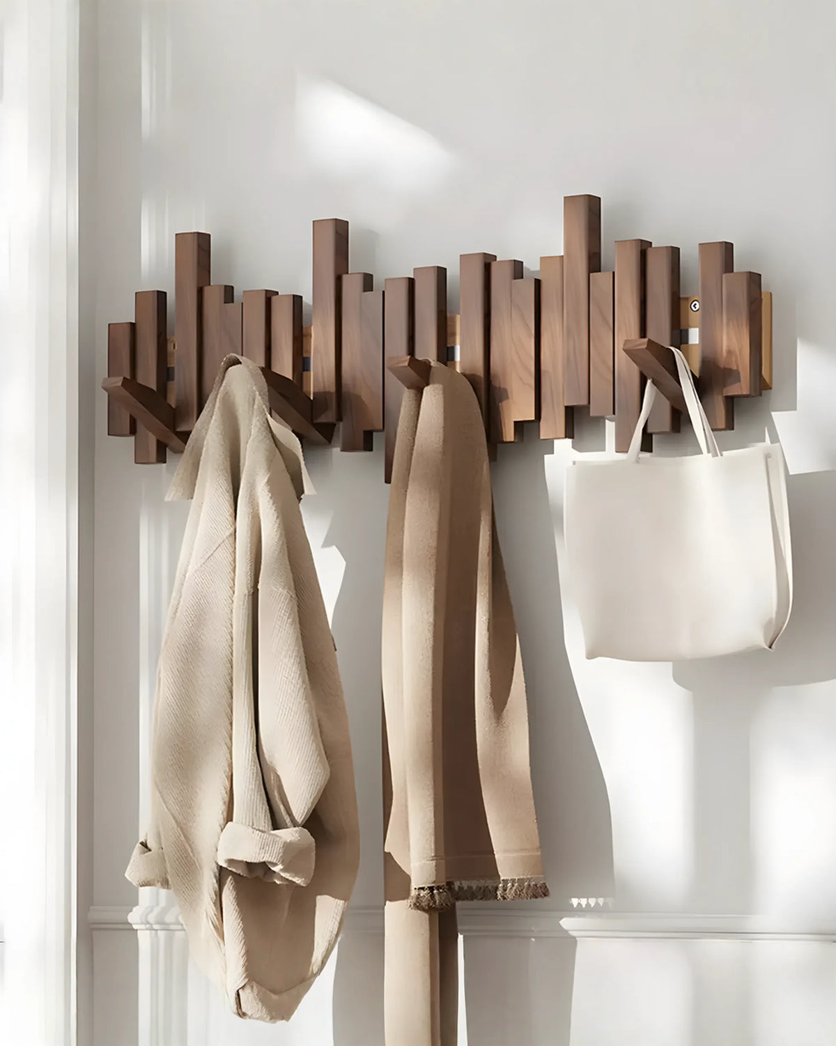 Wooden Wall-Mounted Coat Rack with Foldable Magnetic Hooks